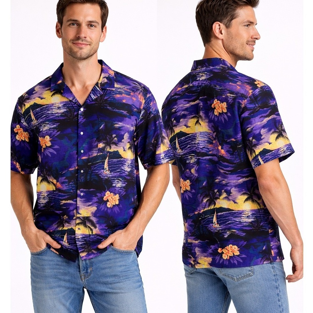 Hawaiian Vacation Shirt 4XL Purple Sunset Sailboat Palms Big & Tall Aloha Resort